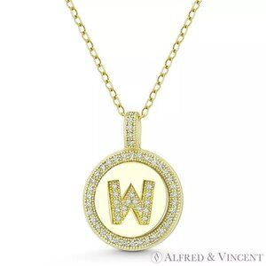 Initial Letter "W" CZ Crystal Pave Pendant in .925 Sterling Silver w/ 14k YG